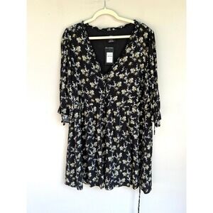 New CCX City Chic Floral Print‎ Mini Dress Tie Sleeve V Neck Black XS Fall Dress